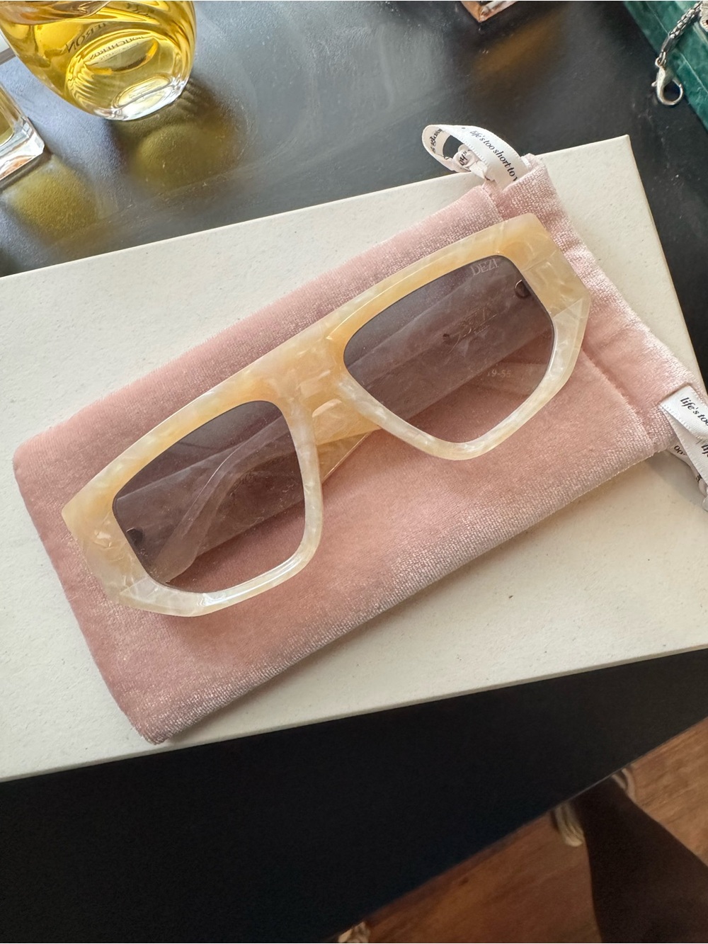 DEZI Cream Marble Oversized Square Sunglasses with Brown Lenses